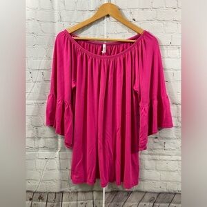 Watermelon Womens Plus Size 2XL Pink Off Shoulder Bell Sleeve Tunic Top